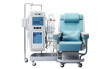 A Medical Chair and Machine Ready for Dialysis Treatment on a Clear PNG or White Background.