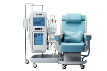 A Medical Chair and Machine Ready for Dialysis Treatment on a Clear PNG or White Background.