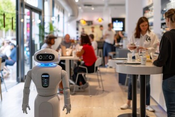 An autonomous waiter robot operating in a restaurant with five-generation technology in stock