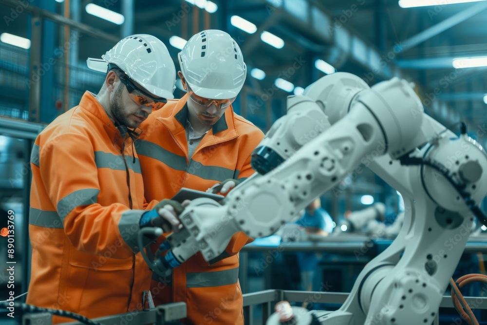 Poster the engineer team is servicing robot welding in the automated factory. the workers in safety suits w