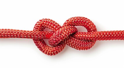 A bowline knot tied with red rope, isolated on a white background.