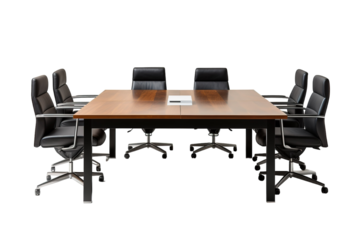 Awaiting the Meeting: Six Black Leather Chairs Around a Wooden Boardroom Table on a Clear PNG or White Background.
