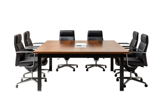 Awaiting the Meeting: Six Black Leather Chairs Around a Wooden Boardroom Table on a Clear PNG or White Background.