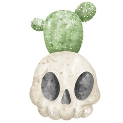 Desert Skull, Cactus Skull, Halloween, watercolor style