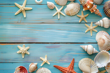 sea ​​shells and starfish on blue wooden background 3d rendering