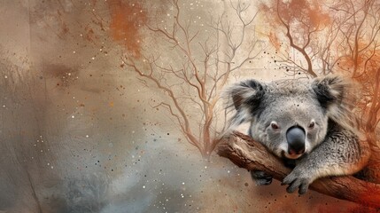 Obraz premium Adorable koala resting on branch against a dreamy, artistic background with autumn colors and soft lighting.