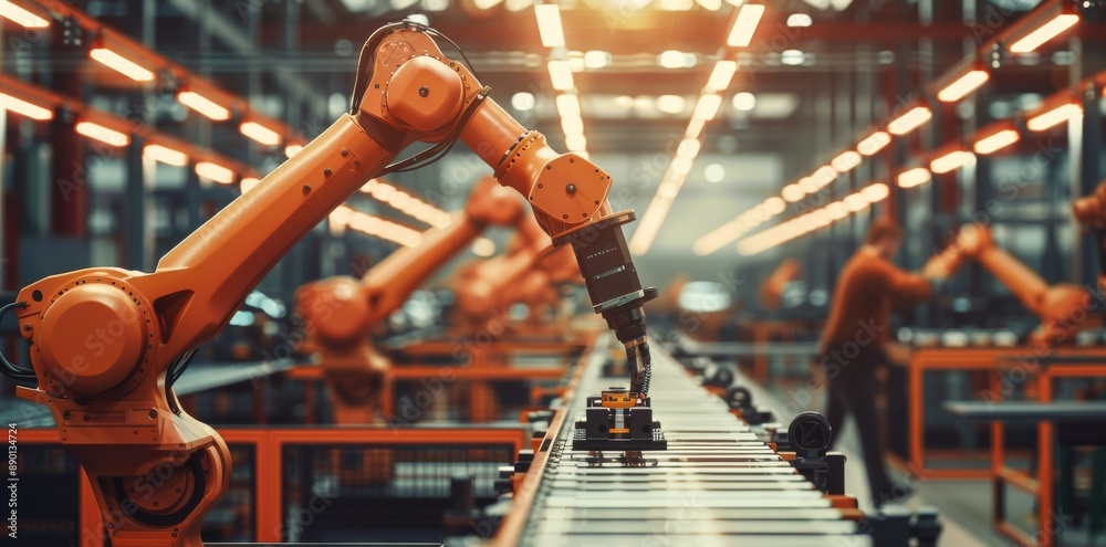 Poster assembly line workers control robots on an assembly line. robots improve factory efficiency and prod