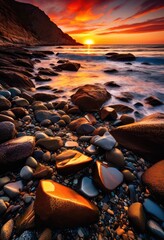 Obraz premium vibrant sunset colors reflecting rocky shoreline beach, hues, colorful, rocks, coast, ocean, dusk, evening, peaceful, serene, nature, landscape, beauty