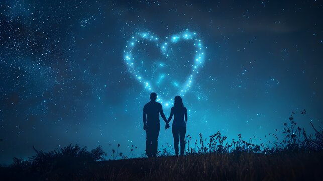 Silhouetted Couple Under Starry Night Sky with Glowing Heart Constellation