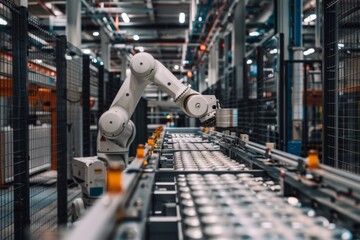 Naklejka premium In a modern manufacturing building, a white robotic arm is attached to machinery