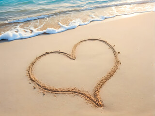 Heart Symbol On a Sand Of Beach With Soft Blue Wave On Background