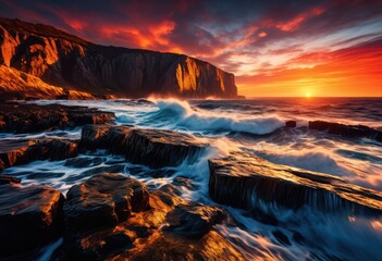 Fototapeta premium dramatic cliffs meeting ocean, abyss, beauty, breathtaking, cliffside, cliffsides, coast, coastline, coastal, drop, edge, escarpment, formation, grand