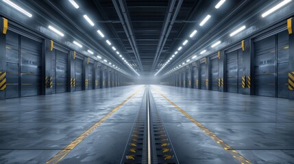 Futuristic empty industrial warehouse interior with bright ceiling lights, metallic floors, and symmetrical design creating a vanishing point perspective.