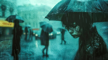Sad young woman walking in rain with umbrella and people in background