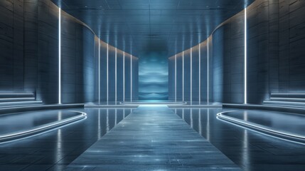Fototapeta premium Futuristic corridor with blue lighting, modern architecture, and reflective surfaces, creating a sci-fi ambiance and sleek atmosphere.