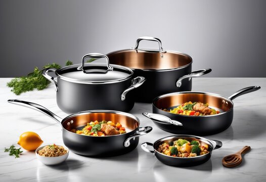 premium cookware set displayed white background, pots, pans, kitchenware, utensils, metallic, design, isolated, cooking, culinary, chef, food, preparation