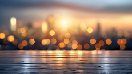 Wooden surface with blurred city lights in the background. Perfect for any urban, modern or night-themed design.