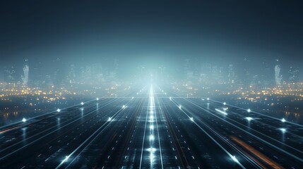 Fototapeta premium Futuristic cityscape with illuminated roadways and networks, representing advanced technology and urban development at night.