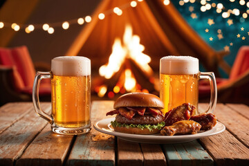Beer mugs and BBQ burgers near campfire at night, with copy space for text