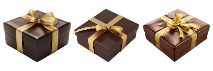 Set of Chocolate gift box with golden ribbon bow isolated on transparent background