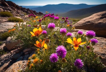Obraz premium vibrant wildflowers blossoming rough terrain rocks, blooming, rugged, landscape, stones, blooms, plants, rocky, ground, blossoms, colors, petals, surface, field, colorful