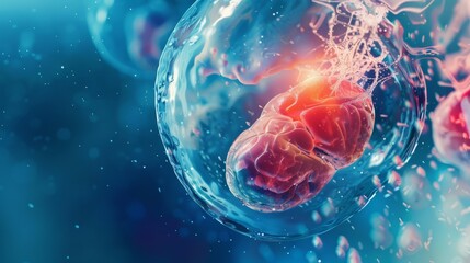 Close-up of a vibrant living cell under the microscope. Right in the center is a red cell with visible structures. Modern scientific and medical visual style image. Microbiology concept. AI