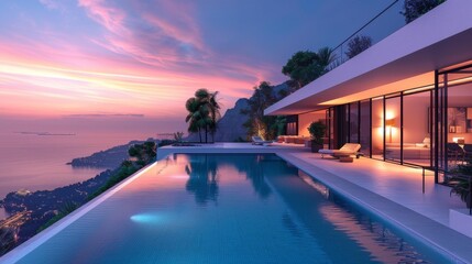 Luxury infinity pool overlooking coastal sunset - generative ai