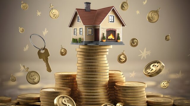 A miniature house, atop stacks of coins showing profits of real estate investment growth over time. - Powered by Adobe