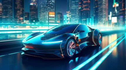 Electric car in futuristic cityscape at night, showcasing advanced technology and urban mobility