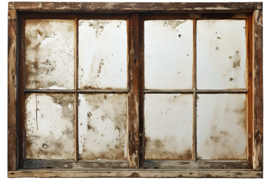 Ephemeral Reflections: A Glimpse of the Sky Through an Aged Window on White or PNG Transparent Background.