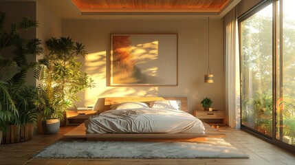 Sunlit bedroom with plants and wooden furniture - generative ai
