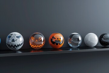 A set of modern Halloween-themed crystal balls placed on a minimalist black shelf, capturing the essence of luxury,