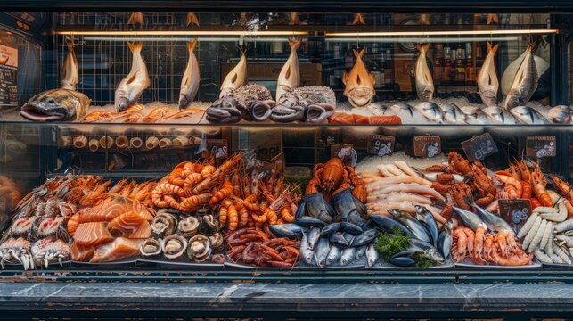 Fresh seafood display at a market. Various types of fish, shellfish, and other seafood are neatly arranged. Concept for freshness and abundance in food markets