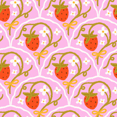 Summer geometrical pattern with hand drawn strawberries. Vector elegant print for fabric, wallpaper.