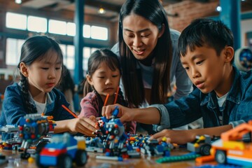 Elementary school coding: Teacher demonstrates mechanical robot programming to engaged young students