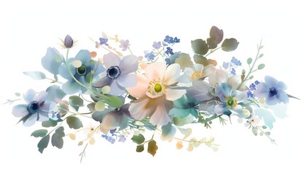 impressionistic watercolor, a thin bouquet of sparse multi-colored florals, anemones and forget me nots and green leaves, muted colors, isolated on a white background