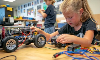 Children from diverse backgrounds building robotic cars with computers. A group of multicultural children sits at a table at STEM education coding teaching robots.