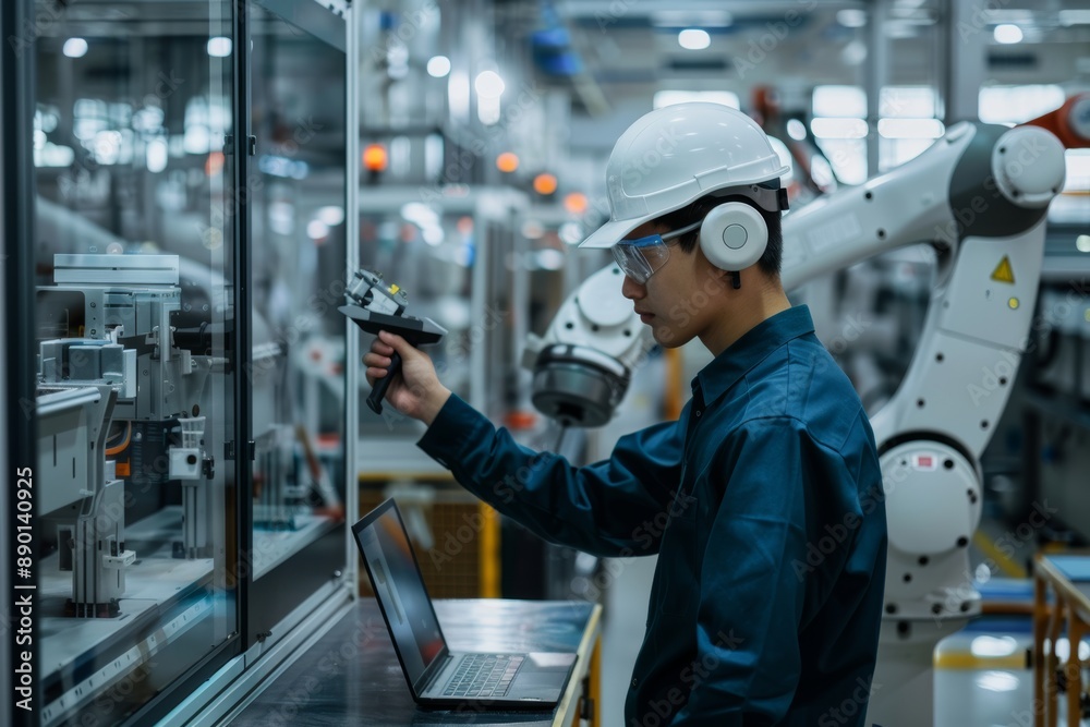 Poster programming a robot on an assembly line using a laptop by a vest engineer