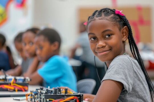 An African American junior school girl posing with a robotic car at STEM class. An African American preteen girl holding a robotic car at a STEM class. Engineering and coding. Stock photo.