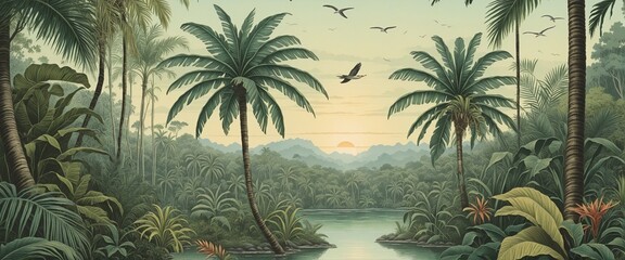 Wallpaper of a jungle landscape in old retro style