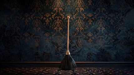 A modern, minimalist depiction of a witch's broom, displayed against a dark, luxurious background,
