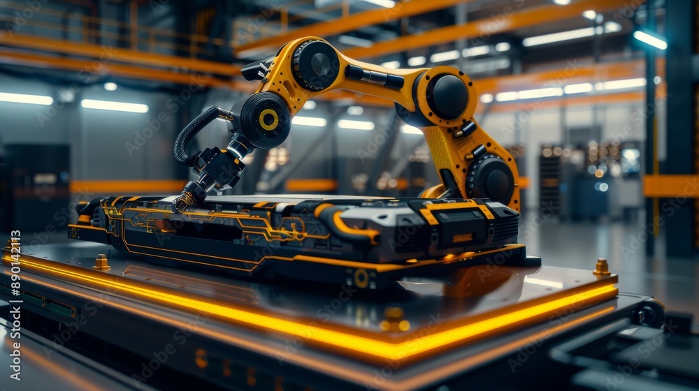 Poster a high-tech assembly line with industrial robots performs tasks in a modern factory setting.