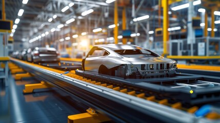 A production line for high-capacity lithium-ion batteries inside a modern factory, neatly arranged lithium-ion battery components for hybrid cars.