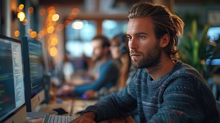 Software developers collaborating in a modern office during a coding and brainstorming session.