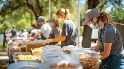 Volunteers packing food at a community event in an outdoor setting with tables and boxes.