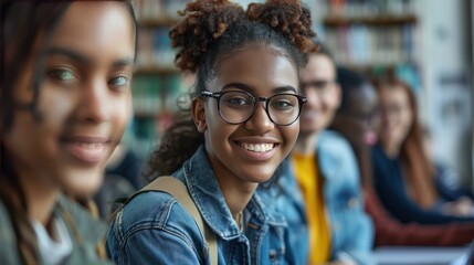 A university study group collaborating in a contemporary library filled with natural light. The academic setting showcases education and teamwork.