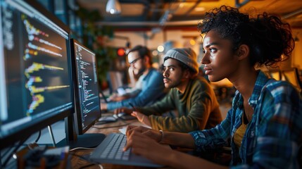 A diverse team of developers working in a tech office, coding and collaborating in a modern workspace.