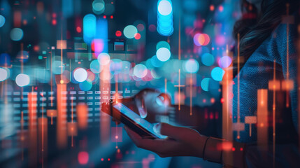 A person uses a smartphone amidst a background of digital data and light effects, symbolizing a blend of technology, connectivity, and information flow in a modern setting.