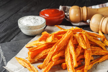 sweet potato fries on a dark wooden rustic background