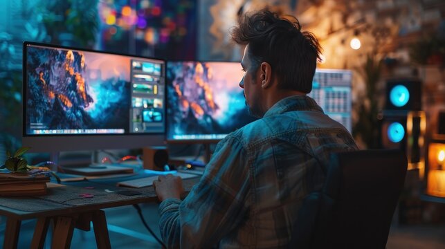 A graphic designer working on a project in a creative studio with multiple screens and artistic elements. - Powered by Adobe